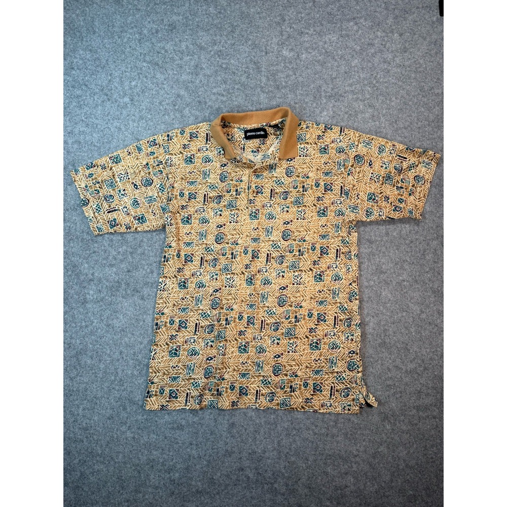 Vintage Pierre Cardin Mens Medium Tan Geometric Tribal Print Cotton Polo Shirtโ